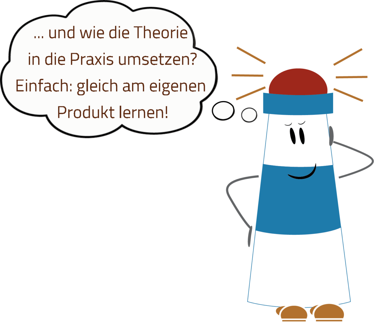 Avatar Leuchtturm und Gedankenblase: wie Theorie in Praxis umsetzen? Einfach am eigenen Produkt lernen!