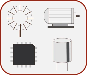verschiedene EMV-relevante Bauteile Spule, Motor, IC, Kondensator