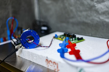 EMV-Fehleranalyse mit HF-Stromzange auf Versorgungsleitung einer Platine