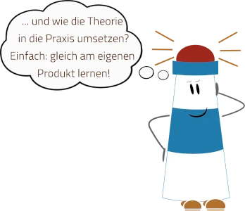 Avatar 'Mr. Lighthouse' und Gedankenblase: wie Theorie in Praxis umsetzen? Einfach am eigenen Produkt lernen!