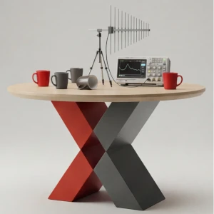 Ein runder Holztisch mit 5 Tassen, 1 Antenne und 1 Oszilloskop darauf, als Tischfuß das X-Logo von Kreutz-EMV Als Überschrift darüber: EMV-Stammtisch Am unteren Bildrand der Text: Netzwerken & EMV-Knowhow ausbauen