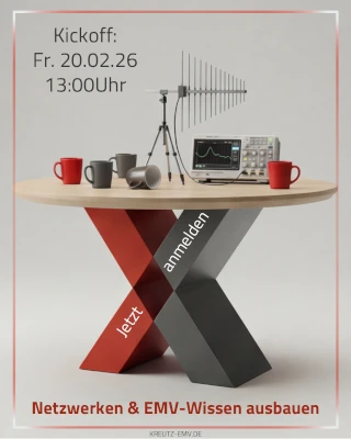 Ein runder Holztisch mit 5 Tassen, 1 Antenne und 1 Oszilloskop darauf, als Tischfuß das X-Logo von Kreutz-EMV Als Überschrift darüber: EMV-Stammtisch Am unteren Bildrand der Text: Netzwerken & EMV-Knowhow ausbauen